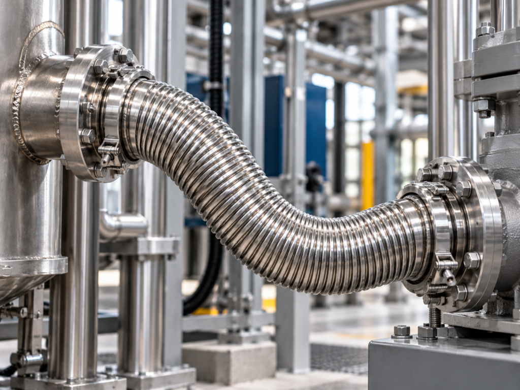 Flexible metal hose connected to industrial machinery