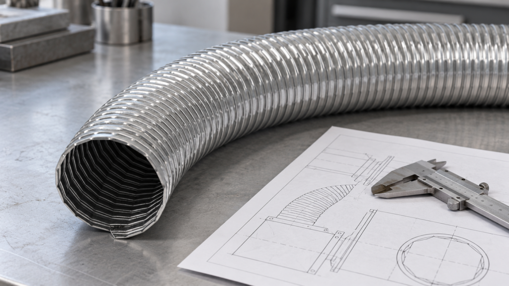 Close-up of the interlocking profile at the end of a flexible metal hose