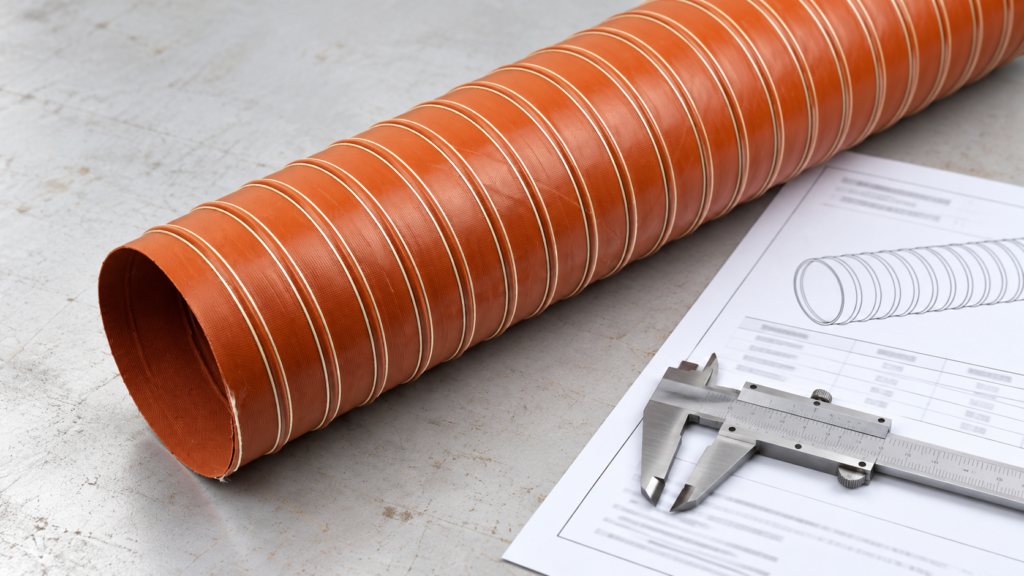 Industrial silicone-coated hose with a technical data sheet and measuring tool