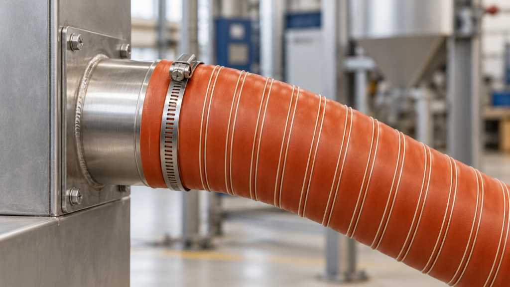 Reinforced silicone-coated hose connected to an industrial hot air duct
